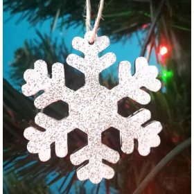 Hópehely dísz, fehér, ezüst csillámmal